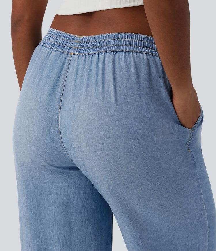 Mid Rise Drawsting Draped Wide Leg Casual Jeans with Pockets