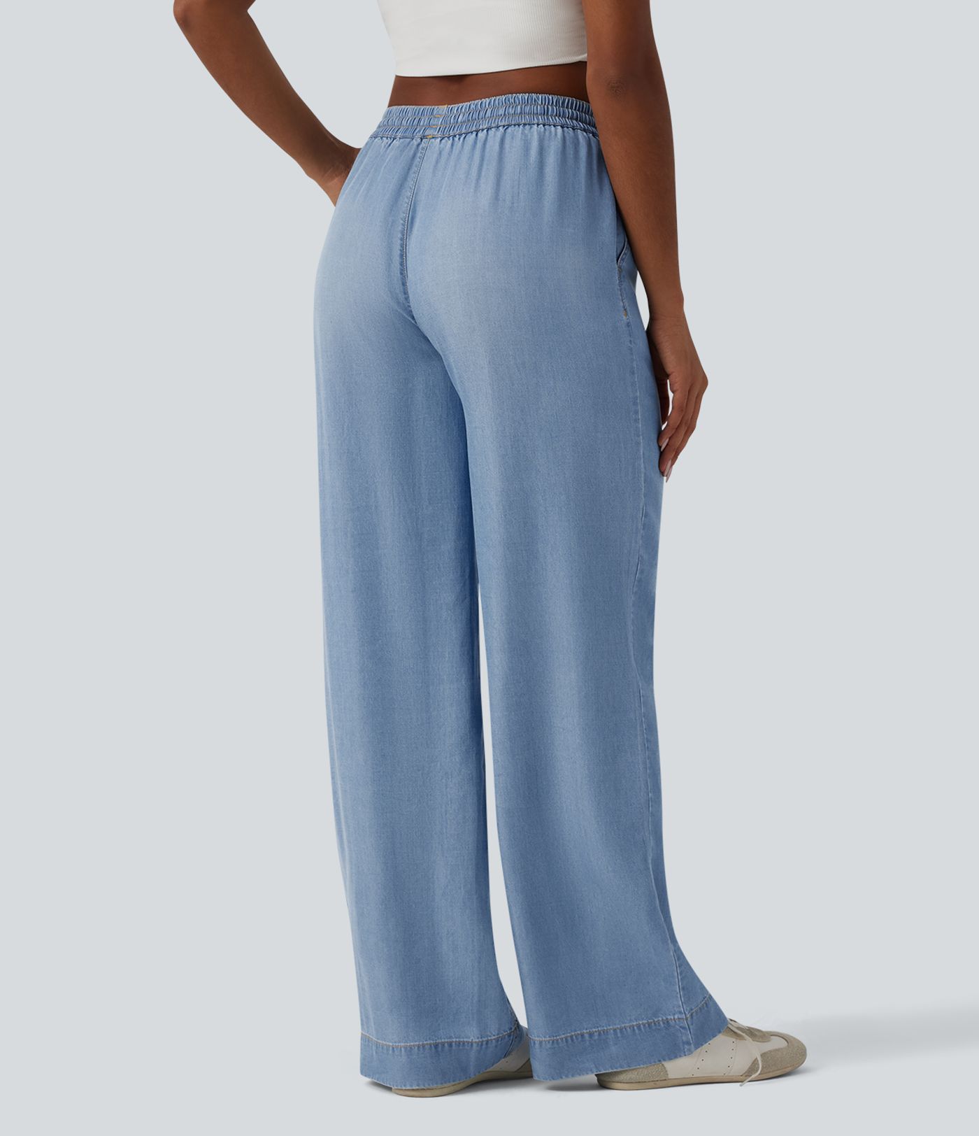 Mid Rise Drawsting Draped Wide Leg Casual Jeans with Pockets