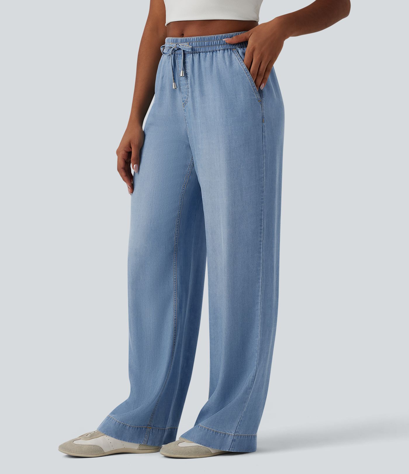 Mid Rise Drawsting Draped Wide Leg Casual Jeans with Pockets
