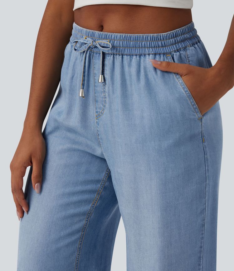 Mid Rise Drawsting Draped Wide Leg Casual Jeans with Pockets