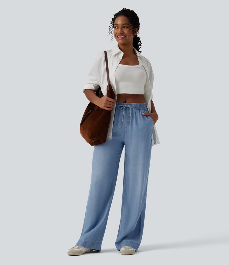 Mid Rise Drawsting Draped Wide Leg Casual Jeans with Pockets