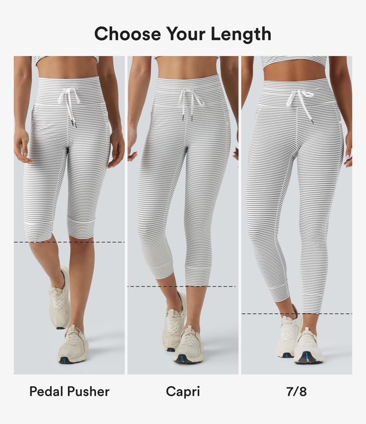 High Waisted Drawstring Stripe Capri Yoga Leggings with Pockets