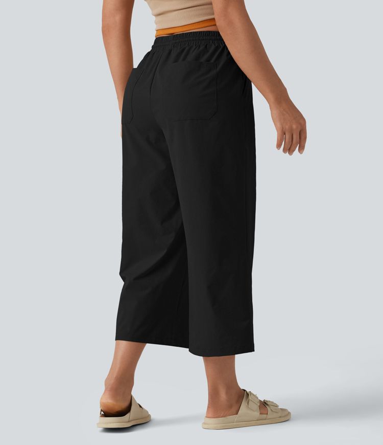Mid Rise Drawstring Cropped Stretchy Poplin Casual Baggy Pants with Pockets