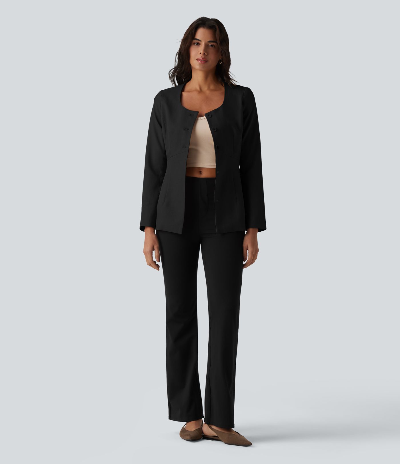 Blazer tailleur infroissable col U manches longues aspect lin