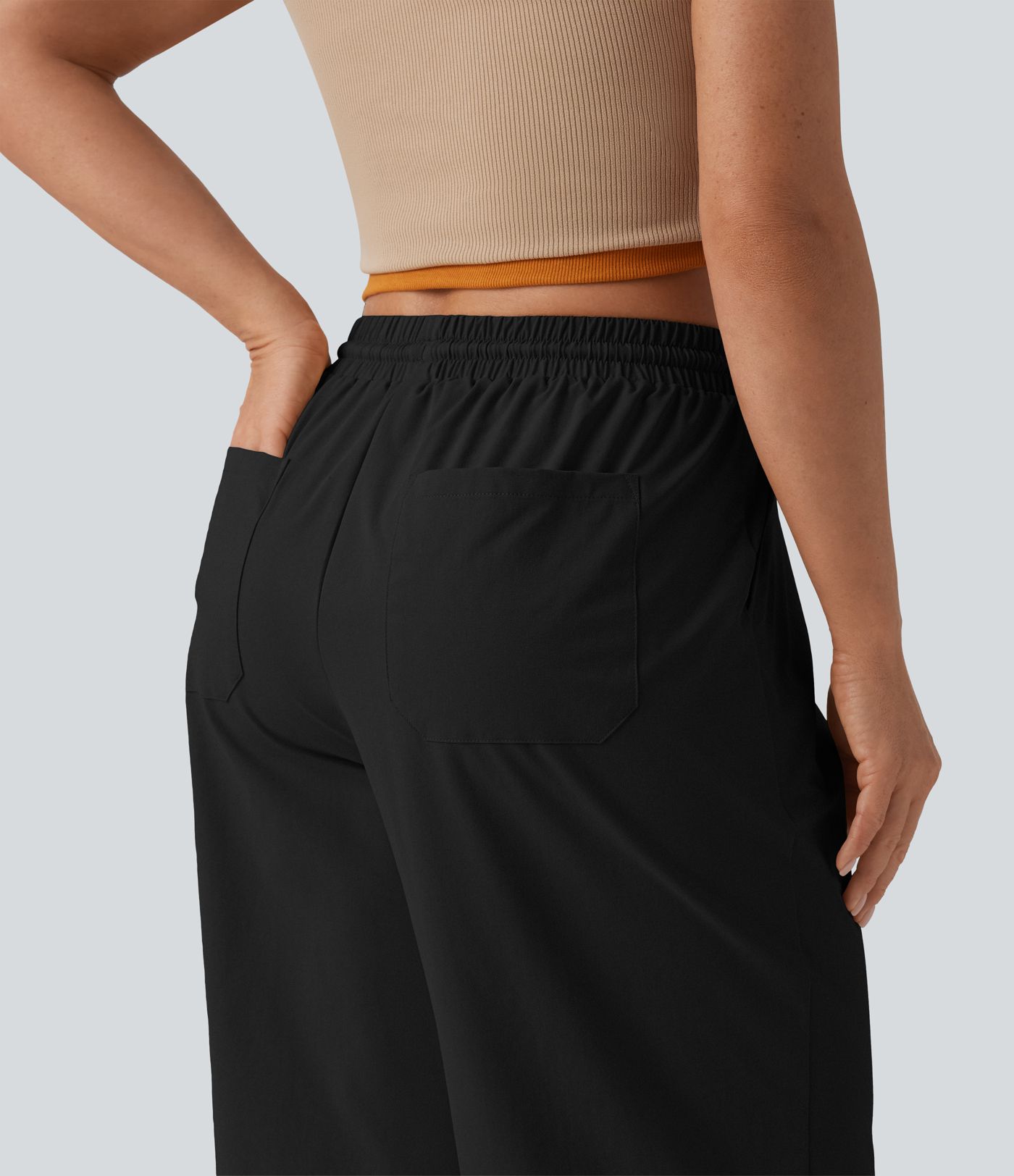 Mid Rise Drawstring Cropped Stretchy Poplin Casual Baggy Pants with Pockets