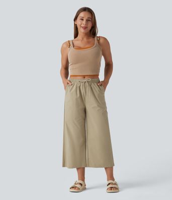 Lässige, weite Popeline-Hose mit mittlerer Bundhöhe, Kordelzug, kurz geschnitten, dehnbar und mit Taschen