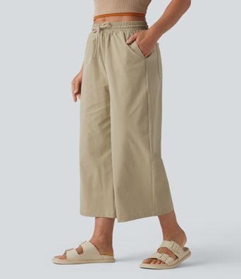 Lässige, weite Popeline-Hose mit mittlerer Bundhöhe, Kordelzug, kurz geschnitten, dehnbar und mit Taschen