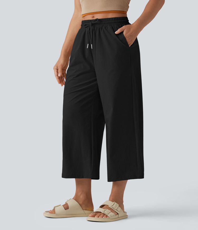Mid Rise Drawstring Cropped Stretchy Poplin Casual Baggy Pants with Pockets