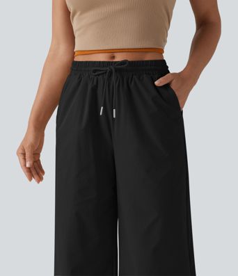 Mid Rise Drawstring Cropped Stretchy Poplin Casual Baggy Pants with Pockets