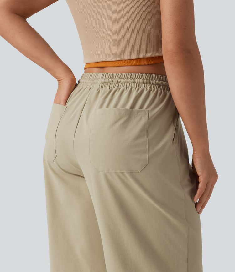 Lässige, weite Popeline-Hose mit mittlerer Bundhöhe, Kordelzug, kurz geschnitten, dehnbar und mit Taschen