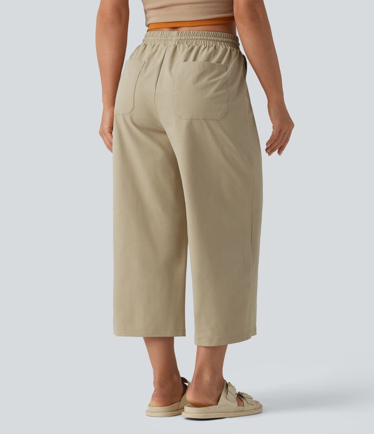 Lässige, weite Popeline-Hose mit mittlerer Bundhöhe, Kordelzug, kurz geschnitten, dehnbar und mit Taschen