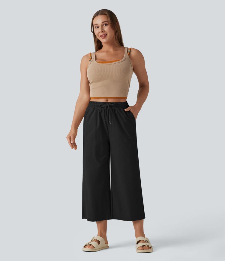 Mid Rise Drawstring Cropped Stretchy Poplin Casual Baggy Pants with Pockets