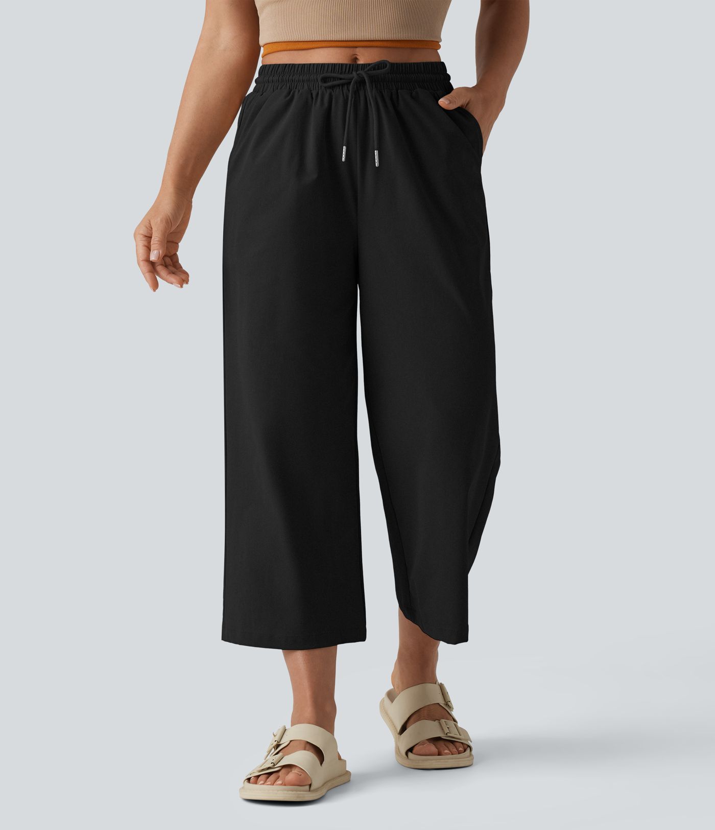 Mid Rise Drawstring Cropped Stretchy Poplin Casual Baggy Pants with Pockets