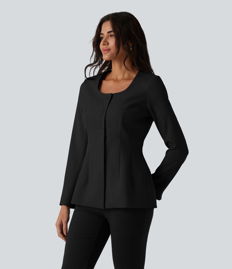 Blazer tailleur infroissable col U manches longues aspect lin