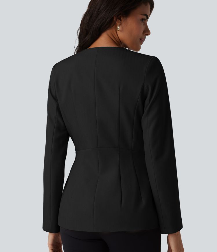 Blazer tailleur infroissable col U manches longues aspect lin