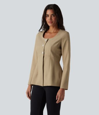 Wrinkle-Resistant U Neck Long Sleeve Work Linen-Feel Blazer