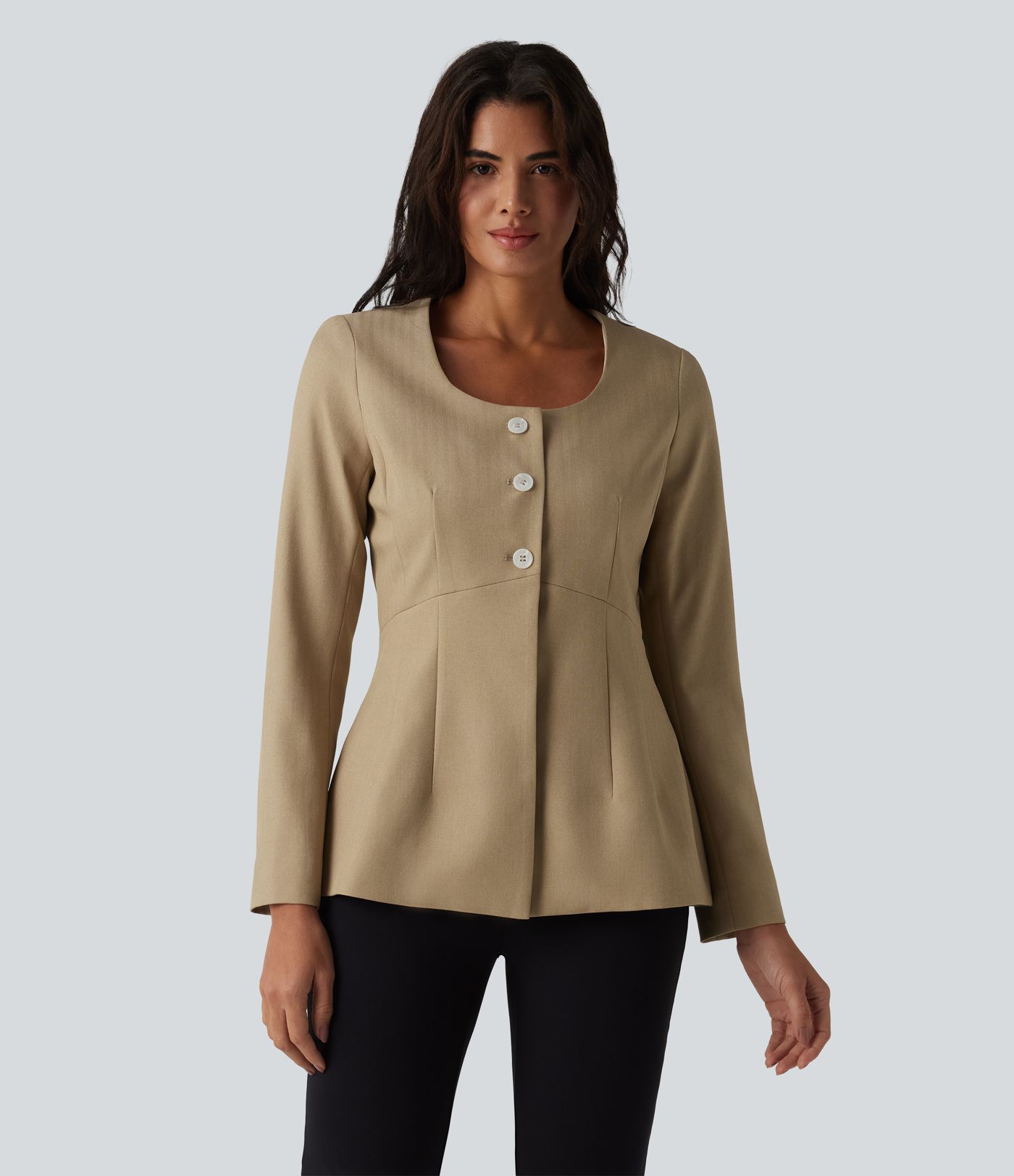 Wrinkle-Resistant U Neck Long Sleeve Work Linen-Feel Blazer