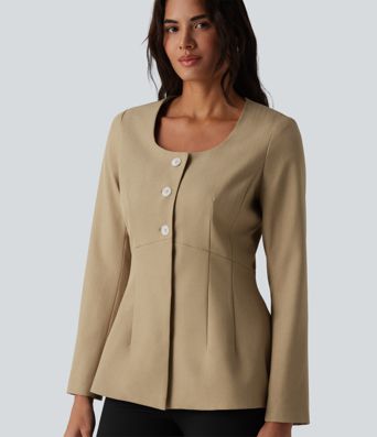 Wrinkle-Resistant U Neck Long Sleeve Work Linen-Feel Blazer