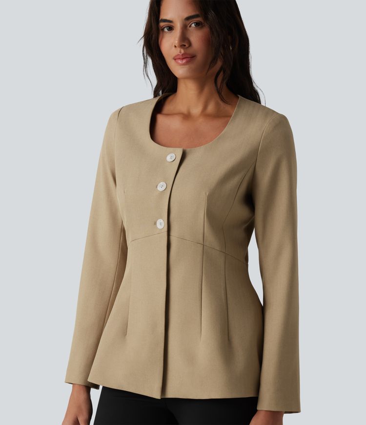 Wrinkle-Resistant U Neck Long Sleeve Work Linen-Feel Blazer
