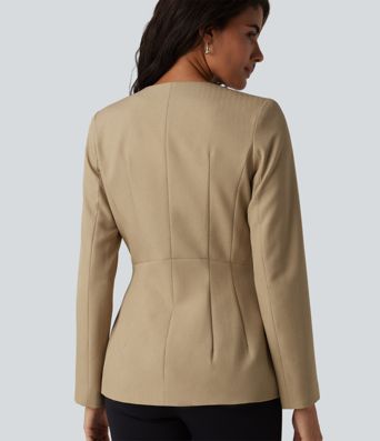 Wrinkle-Resistant U Neck Long Sleeve Work Linen-Feel Blazer