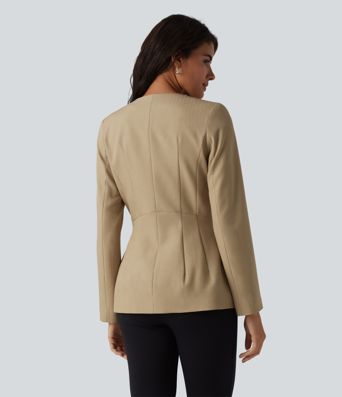 Wrinkle-Resistant U Neck Long Sleeve Work Linen-Feel Blazer