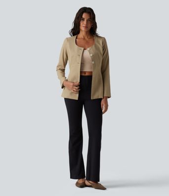 Wrinkle-Resistant U Neck Long Sleeve Work Linen-Feel Blazer