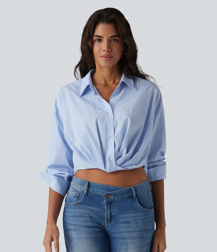 Collar Roll Up Sleeve Twisted High Low Stripes Casual Shirt