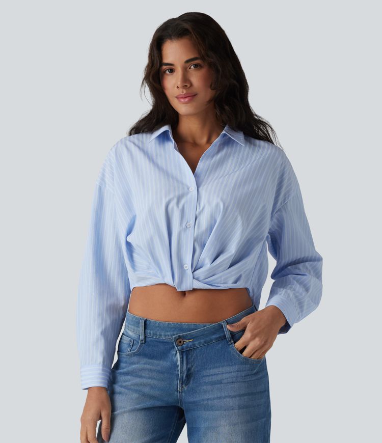 Collar Roll Up Sleeve Twisted High Low Stripes Casual Shirt