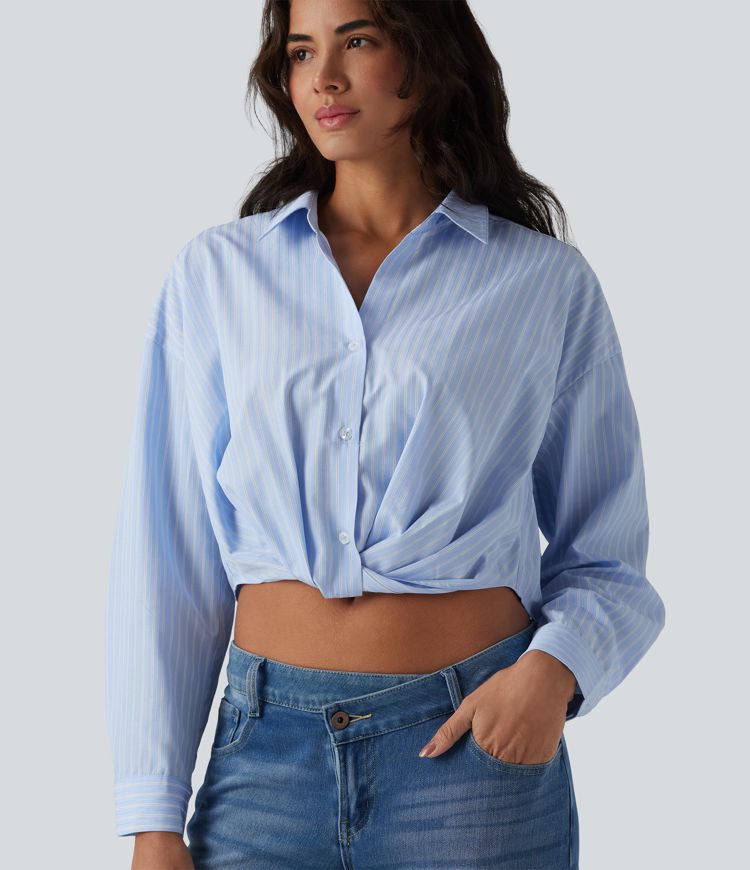 Collar Roll Up Sleeve Twisted High Low Stripes Casual Shirt
