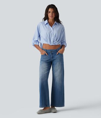 Collar Roll Up Sleeve Twisted High Low Stripes Casual Shirt