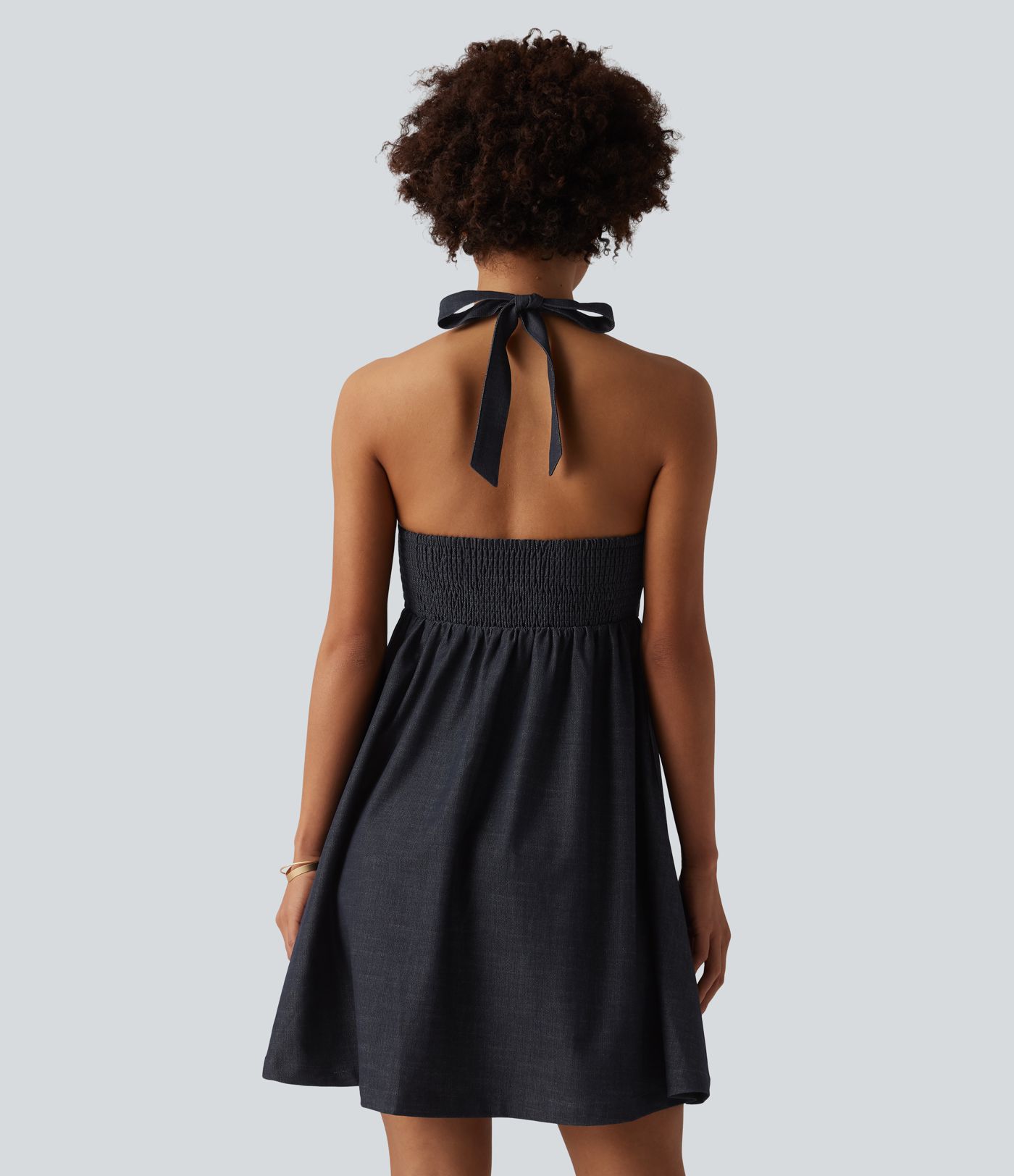 Halter Backless Shirred Denim Like Resort Dress with Pockets