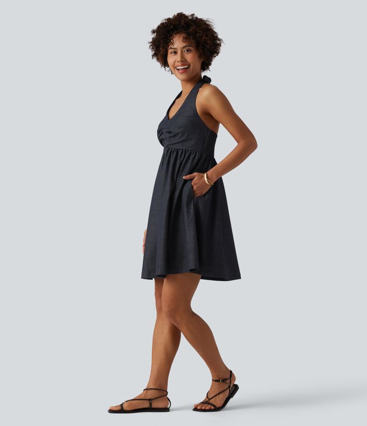 Halter Backless Shirred Denim Like Resort Dress with Pockets