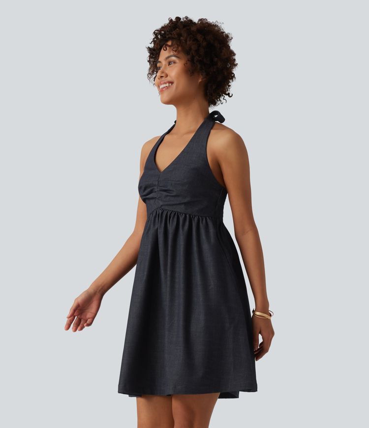 Halter Backless Shirred Denim Like Resort Dress with Pockets