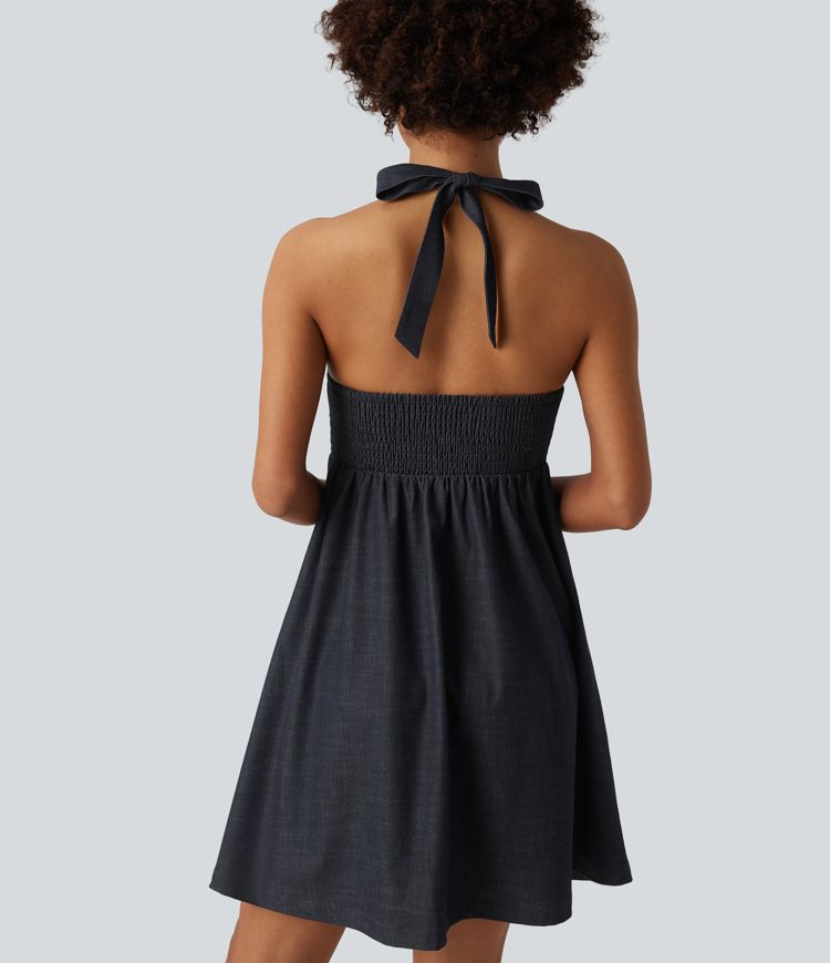 Halter Backless Shirred Denim Like Resort Dress with Pockets