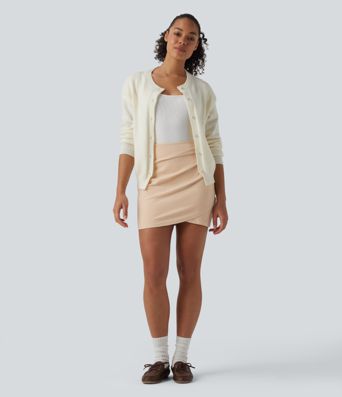 High Waisted Ruched Crossover Hem Bodycon Mini Suede Casual Skirt