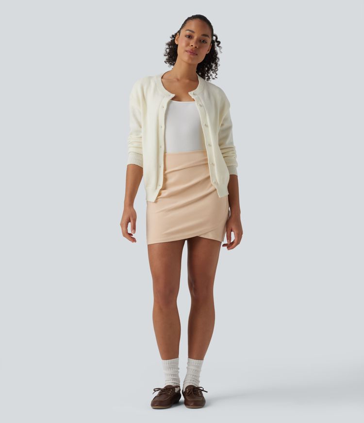 High Waisted Ruched Crossover Hem Bodycon Mini Suede Casual Skirt