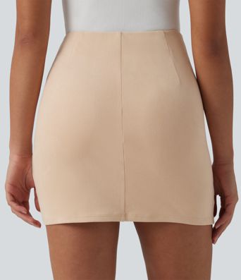 High Waisted Ruched Crossover Hem Bodycon Mini Suede Casual Skirt