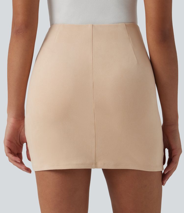 High Waisted Ruched Crossover Hem Bodycon Mini Suede Casual Skirt