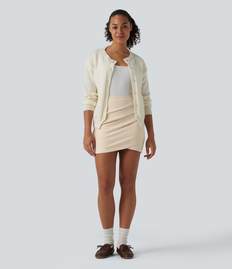 Jupe mini moulante en suède, taille haute, froncée, à ourlet croisé, décontractée