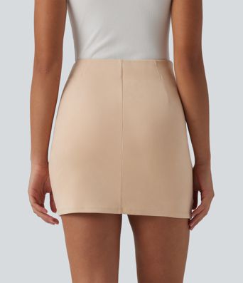 High Waisted Ruched Crossover Hem Bodycon Mini Suede Casual Skirt