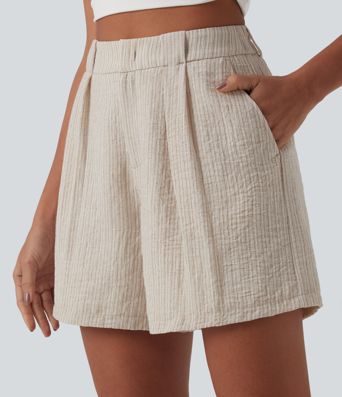 High Waisted Casual Linen-Feel Baggy Shorts with Pockets