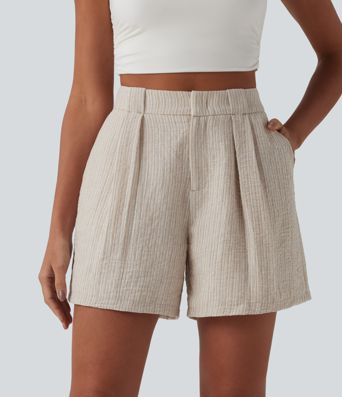 High Waisted Casual Linen-Feel Baggy Shorts with Pockets