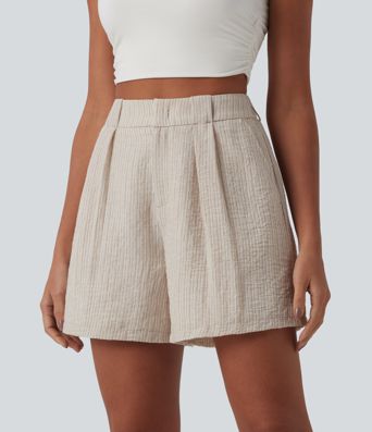 High Waisted Casual Linen-Feel Baggy Shorts with Pockets