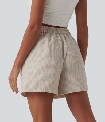 High Waisted Casual Linen-Feel Baggy Shorts with Pockets