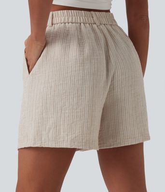 High Waisted Casual Linen-Feel Baggy Shorts with Pockets