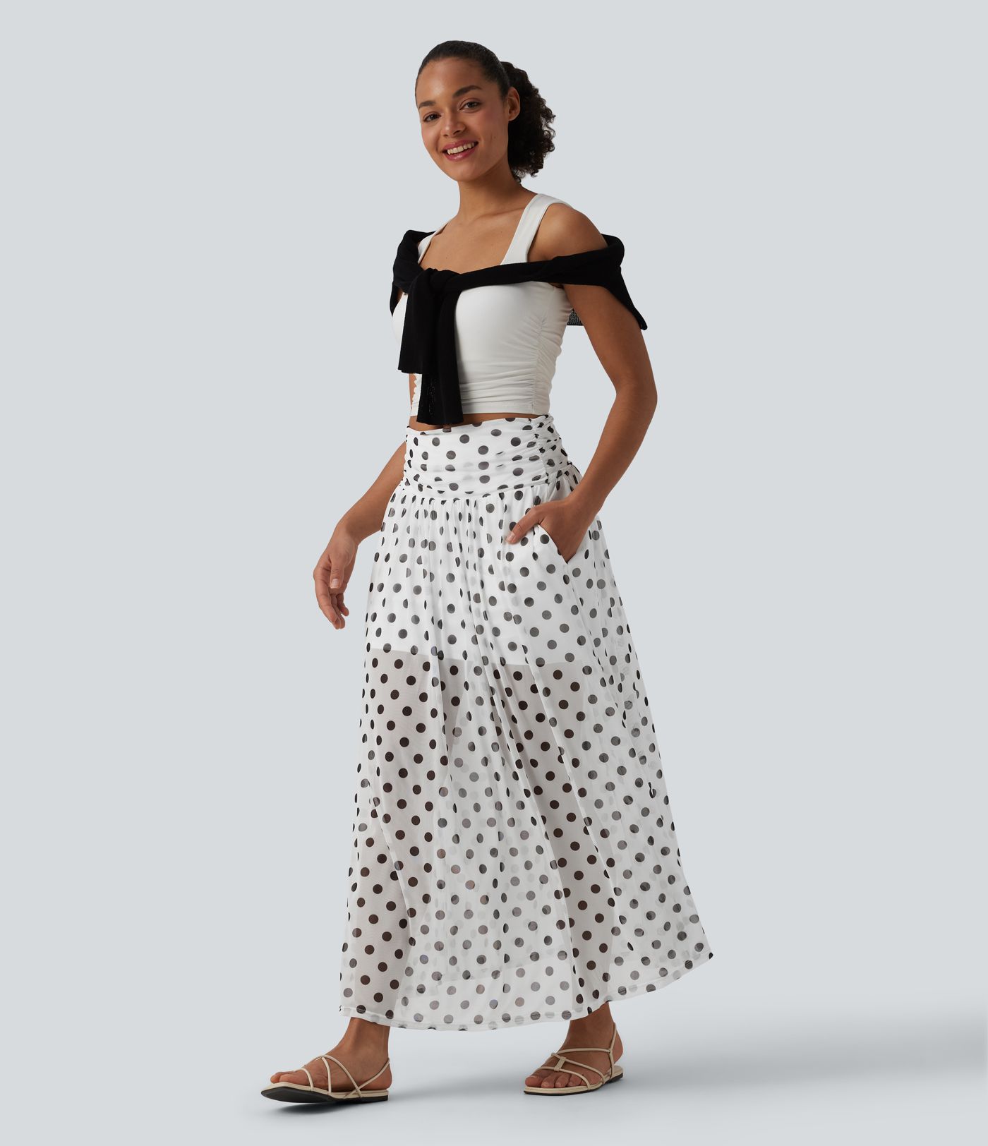 High Waisted Tummy Control Polka Dot Mesh Flowy Maxi Casual Skirt with Pockets