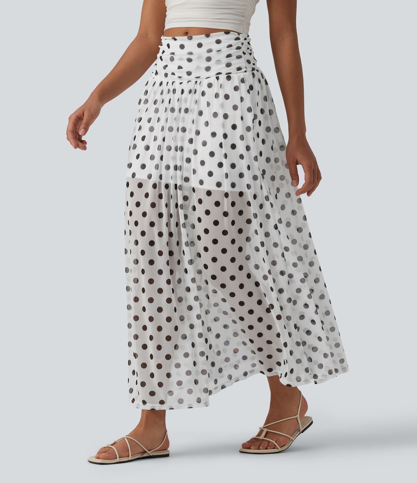 High Waisted Tummy Control Polka Dot Mesh Flowy Maxi Casual Skirt with Pockets