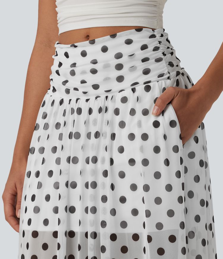 High Waisted Tummy Control Polka Dot Mesh Flowy Maxi Casual Skirt with Pockets