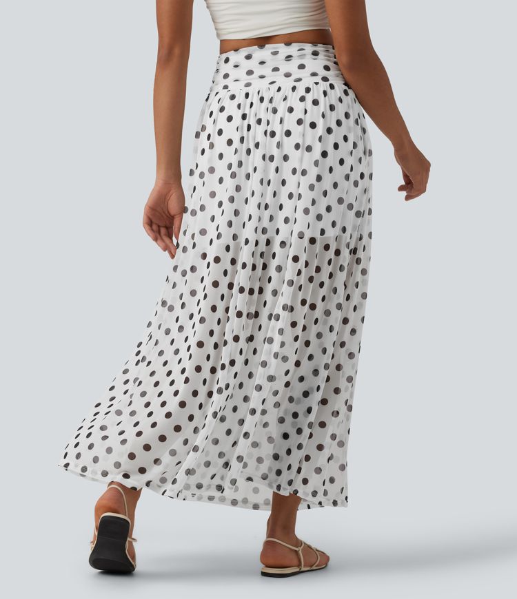 High Waisted Tummy Control Polka Dot Mesh Flowy Maxi Casual Skirt with Pockets