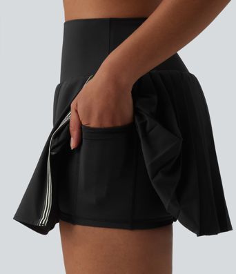Breezeful™ High Waisted Pleated Side Stripes 2-in-1 Quick Dry Mini Pickleball Skirt with Pockets